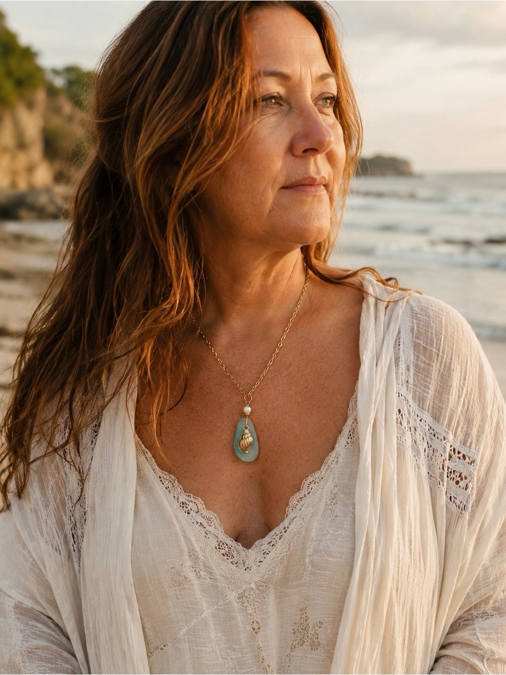 Sea Glass Shell Necklace | Coastal Boho Pendant with Pearl & Gold Chain